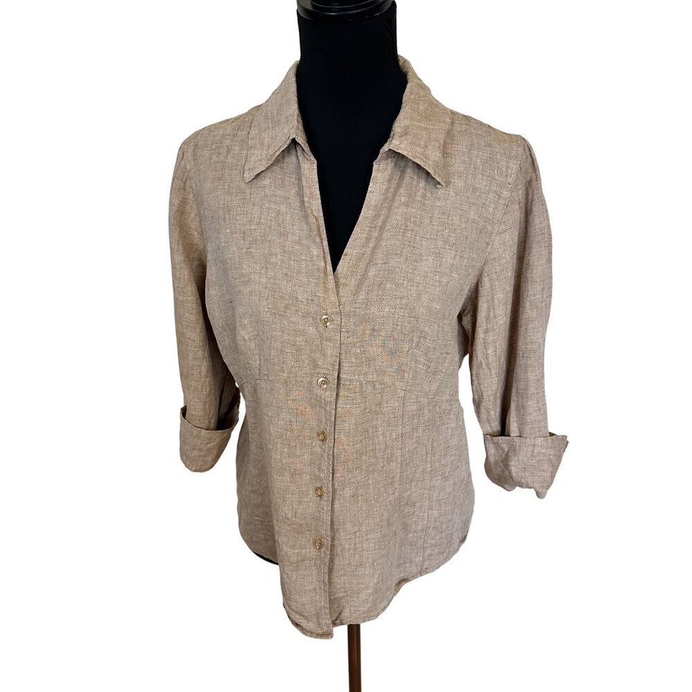 Carole Little Womens Beige Linen Button Up Shirt XL Short Waist V Neck